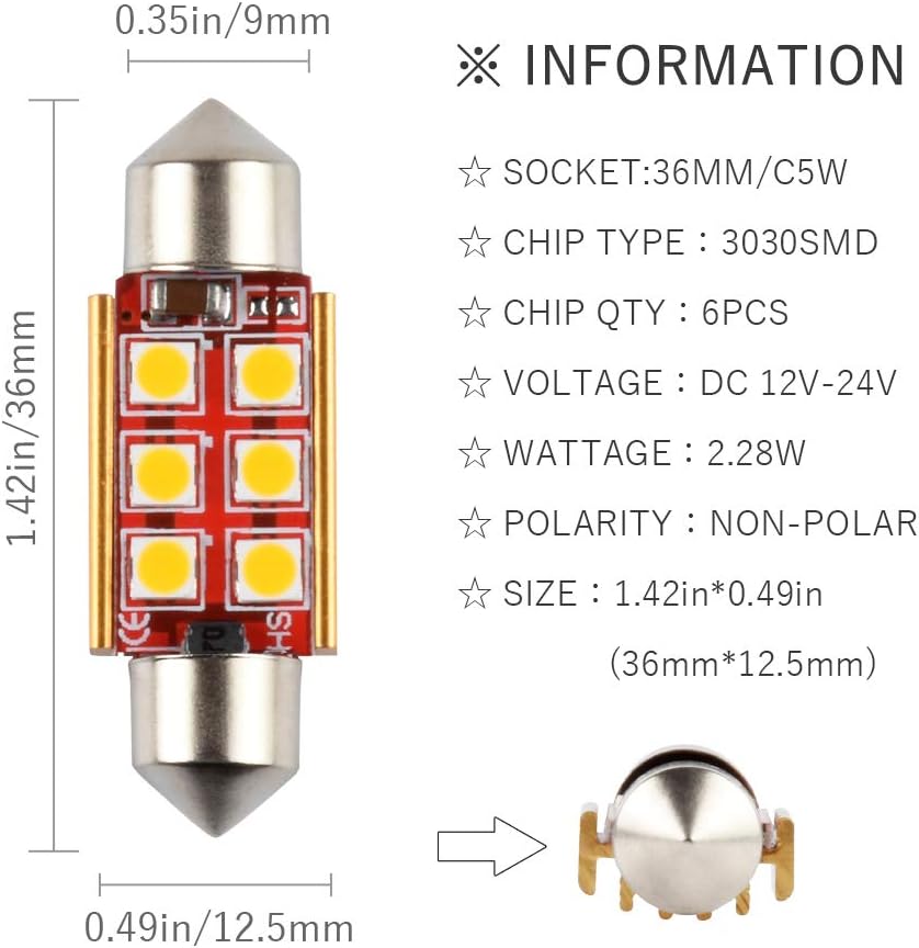 1797 Bombilla LED C5W 6411 6418 DE3425 de 1.417 in, luz blanca cálida 3030 SMD para coches, mapa, matrícula, cajuela, luces de repuesto para lámpara