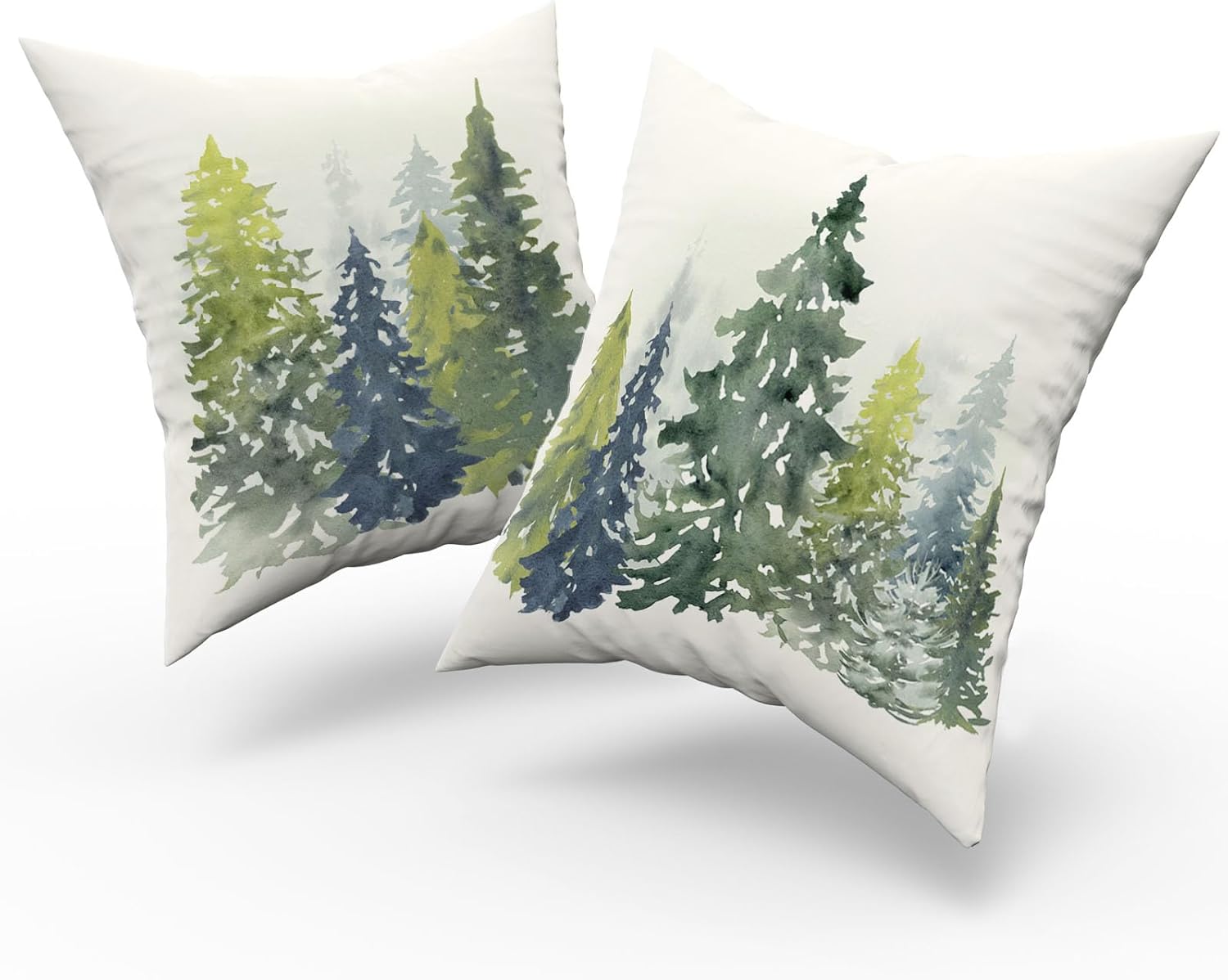 Juego de 4 fundas de almohada con diseño de árbol de Navidad en acuarela, rústico, naturaleza, bosque, azul y verde, decoración de pino, primavera,