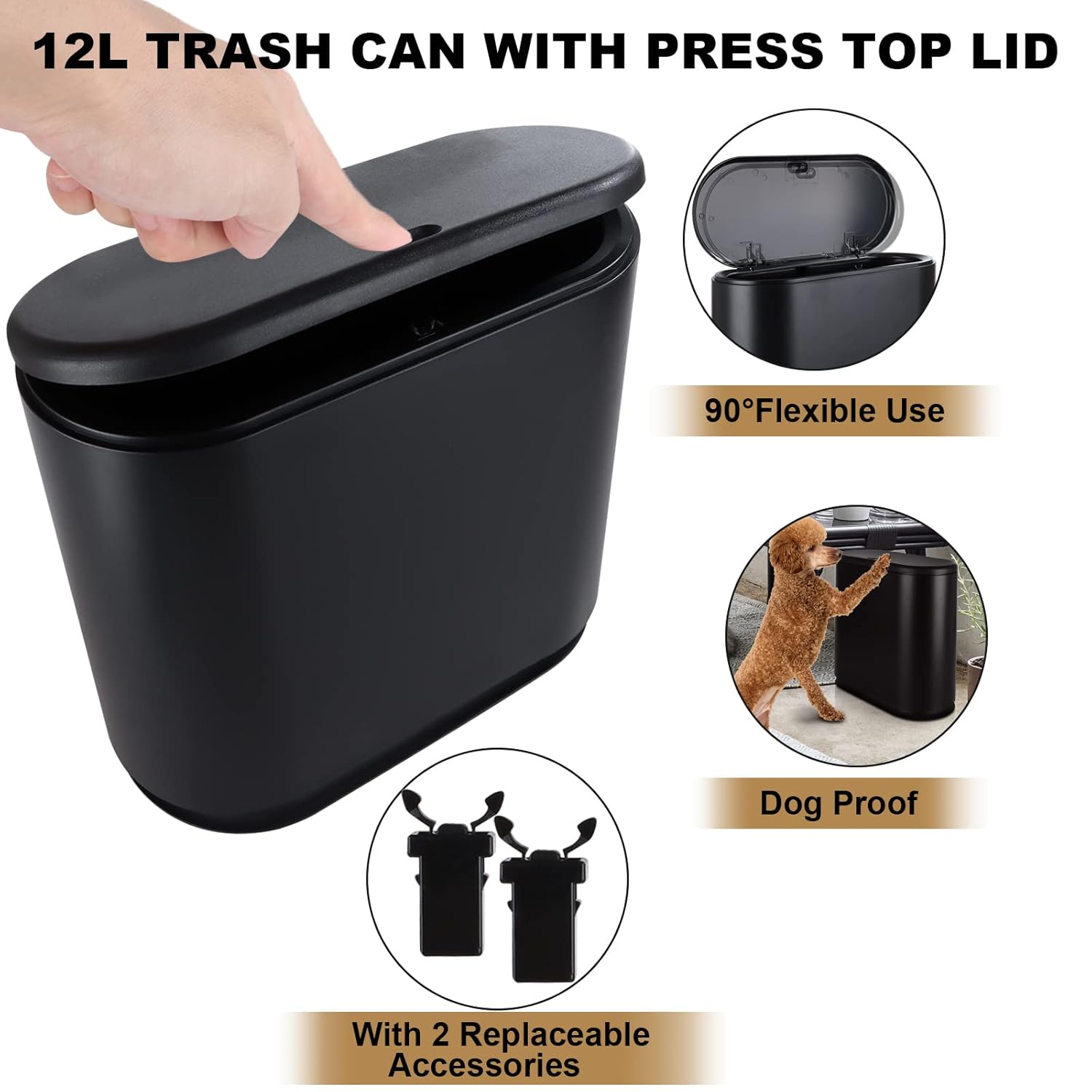 ABuff Cubo de basura pequeño de 12 L con tapa tipo prensa, contenedor de basura delgado de 3.17 galones, cesta de basura de plástico negro para