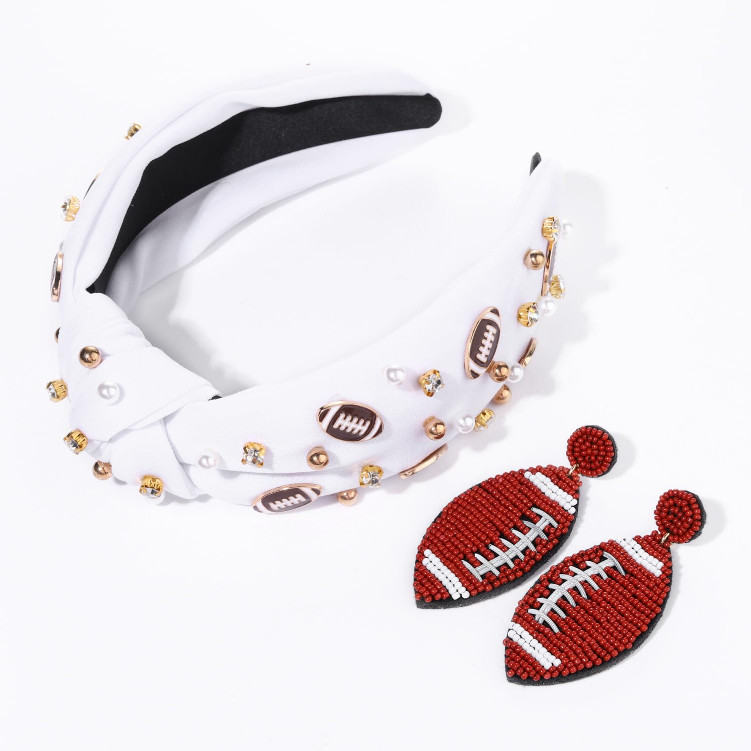 Diadema anudada de fútbol con diamantes de imitación, diadema ancha con cuentas de fútbol, aretes colgantes para el día del juego, accesorios para