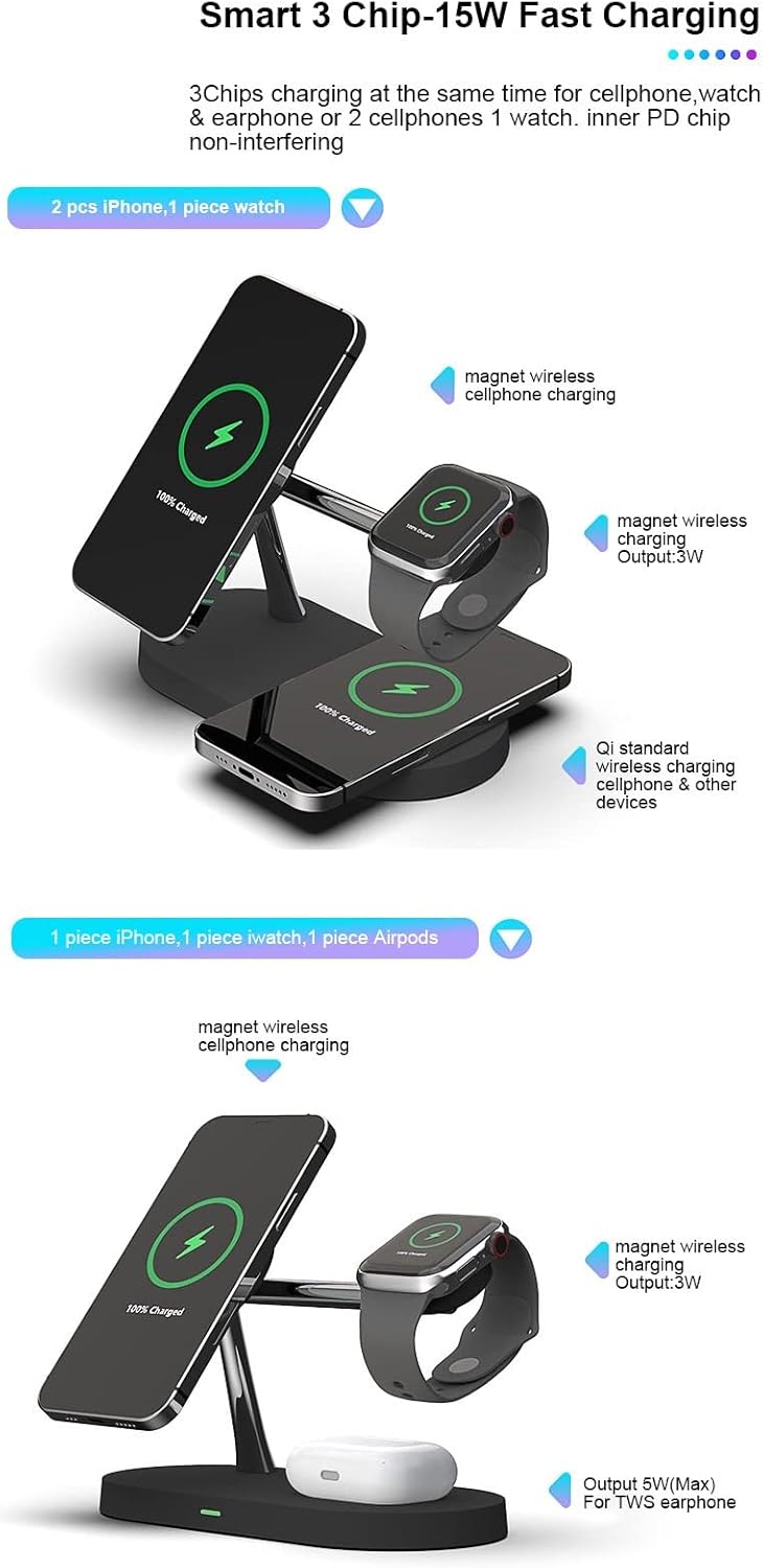 Mrkytplace Estación de carga, 5 en 1 más rápido, soporte de cargador inalámbrico Mag-Safe para iPhone 14, 13, 12 ProMaxMiniPlus, Apple Watch
