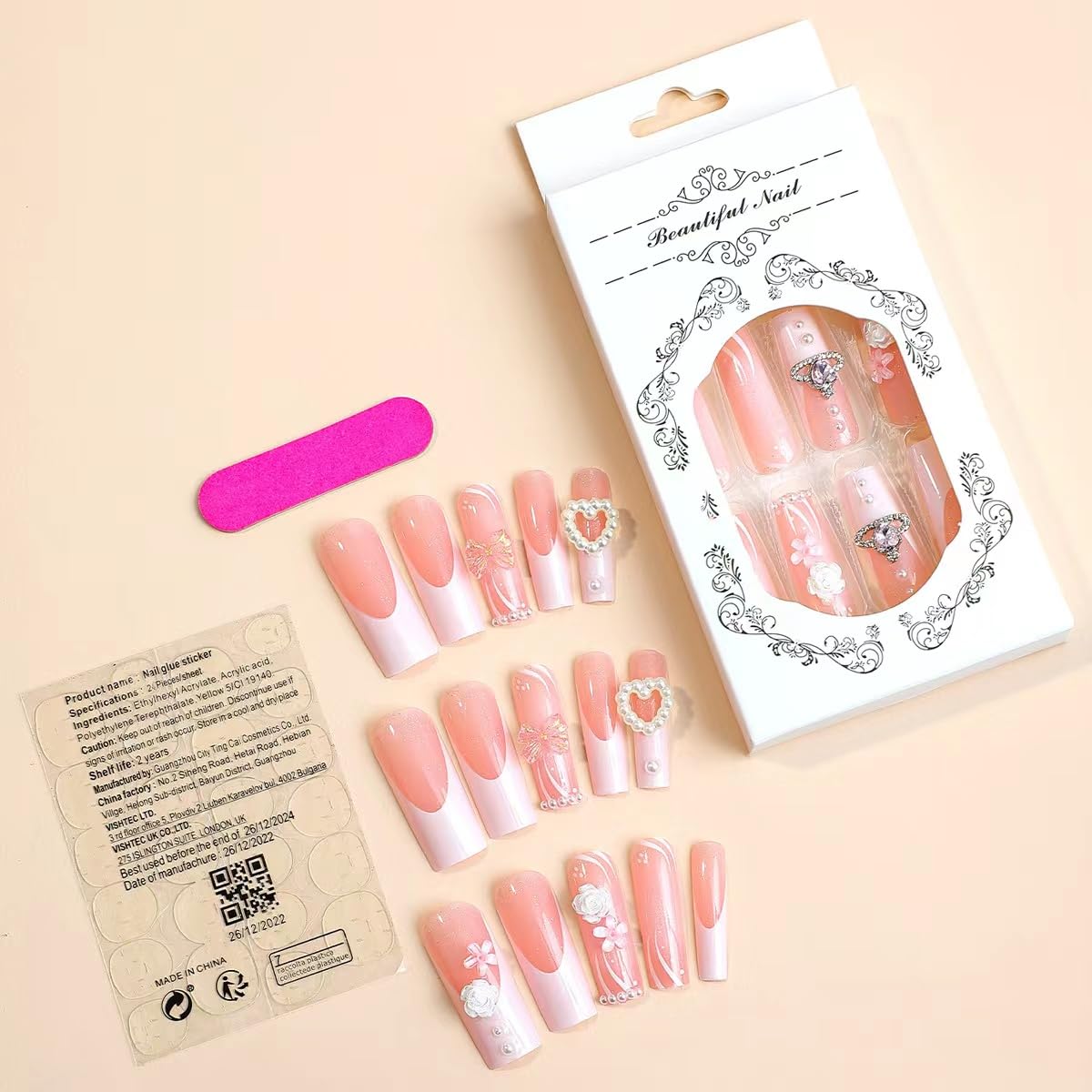 Magrace Uñas postizas largas cuadradas a presión, uñas postizas negras con diseños de diamantes de imitación, 24 piezas de uñas adhesivas para mujer