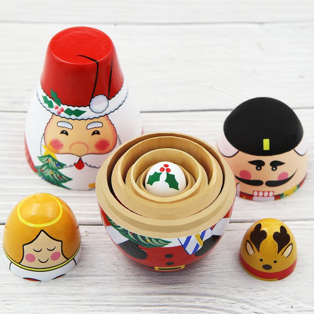 Winterworm Juego de 5 muñecas anidables de Navidad, regalo de Papá Noel, soldado, ángel, alce, madera, Matryoshka, manualidades, muñeca de anidación