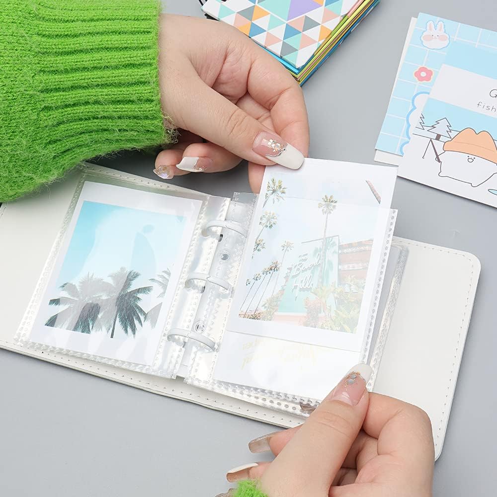 Mini álbum de fotos, soporte para tarjetas de fotos blancas, tarjetas fotográficas Kpop de piel sintética de 3 anillos, álbum de películas de fotos