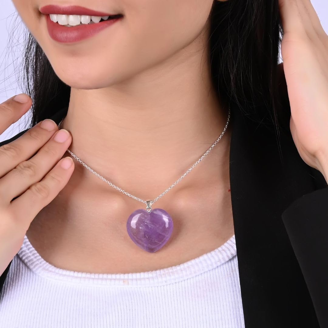 Gempires Pink Amethyst Heart Necklace, Love Crystal Pendant, February Birthstone, Trendy, Minimal, Gift for Her, 18 + 2 inch Adjustable Silver