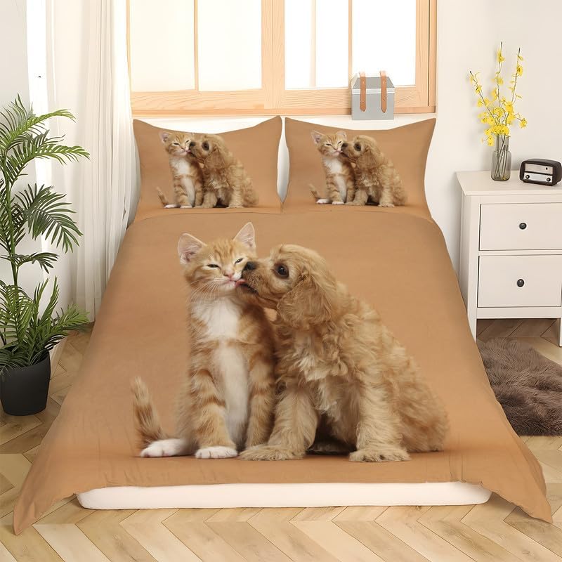 Juego de funda de edredón tamaño individual con estampado de animales y gato naranja, funda de edredón de microfibra suave y 2 fundas de almohada de