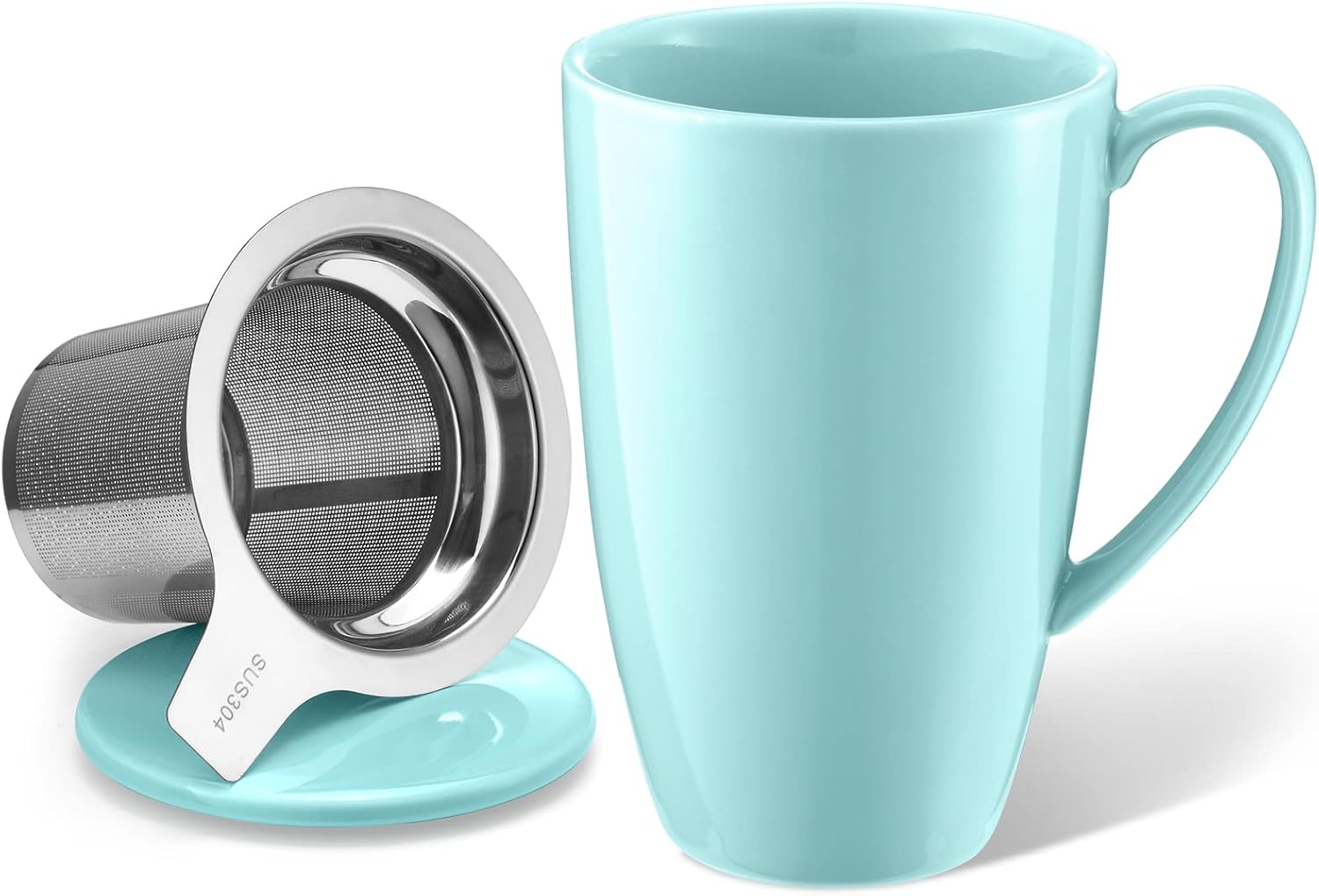 Yedio Taza de té de porcelana con infusor y tapa, taza de té de 15 onzas con filtro para té, leche, café, infusores de té de hojas sueltas, turquesa