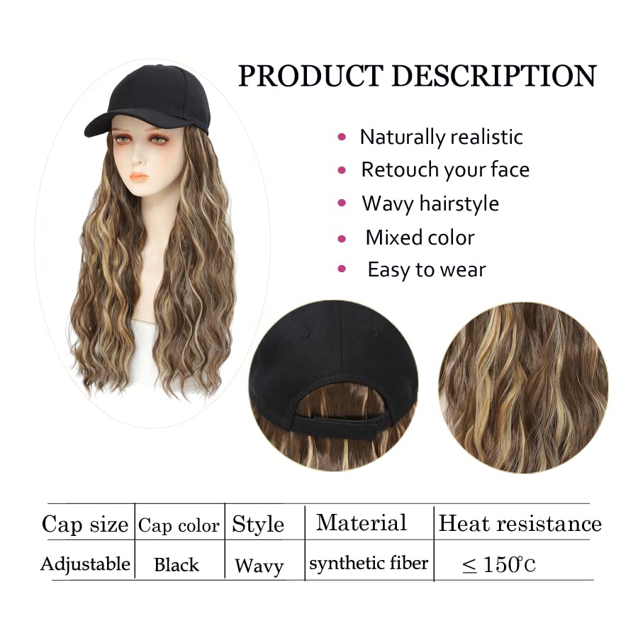 Peluca de gorra de béisbol, extensiones de cabello largo natural ondulado con sombrero, resistente al calor, fibra sintética, peluca ajustable para