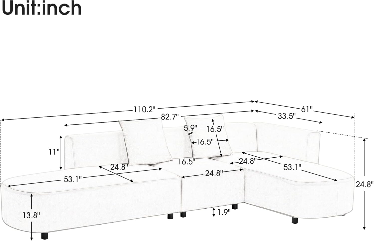 Sofá de estilo moderno de 110.2 pulgadas, sofá de lujo, tapizado otomano curvado de 4 asientos, sofá de felpilla orientado a la derecha para