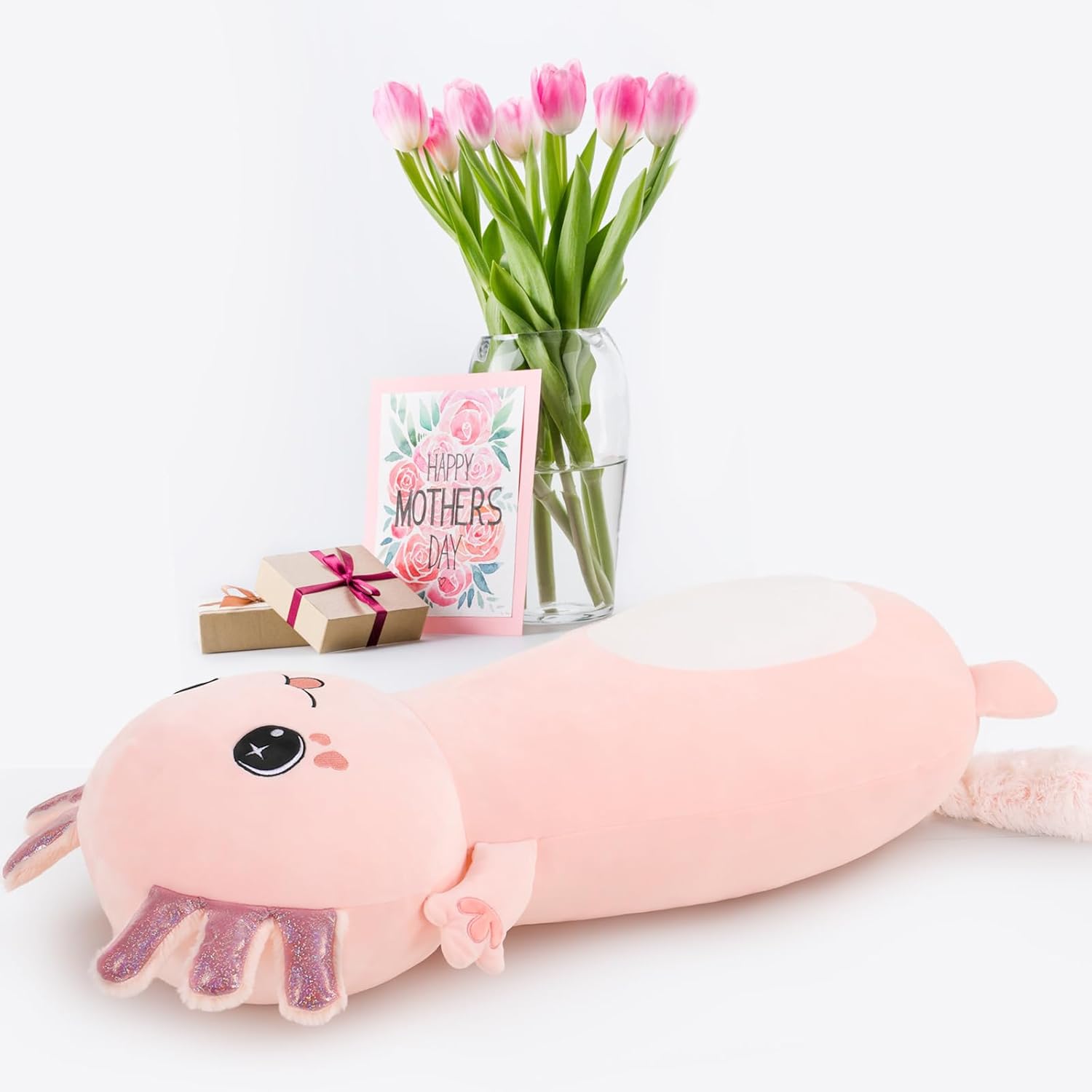 Bonita almohada corporal de ajolote rosa, regalo para niñas, 35 pulgadas de largo, almohada de abrazo para adultos, regalo para el día de San