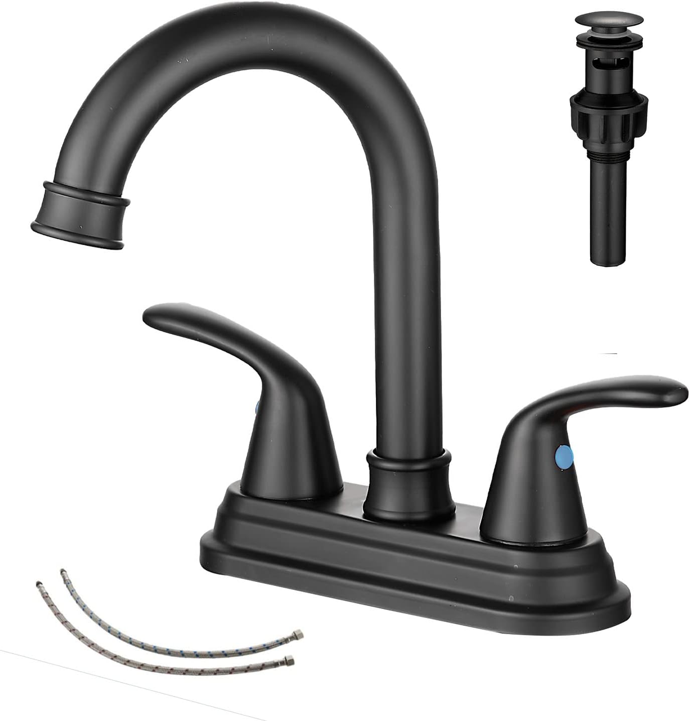 GGStudy – Grifo de baño negro mate con 2 asas de 4 pulgadas, juego central negro para autocaravana, con montaje de drenaje y manguera de suministro,