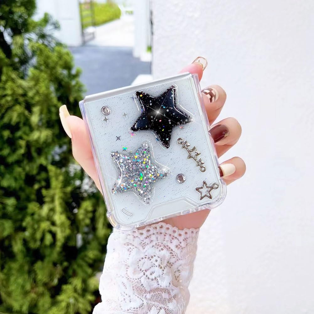 Funda para Samsung Galaxy Z Flip 4 con diseño de estrellas con purpurina, bonita funda transparente con diseño de estrellas 3D brillantes y