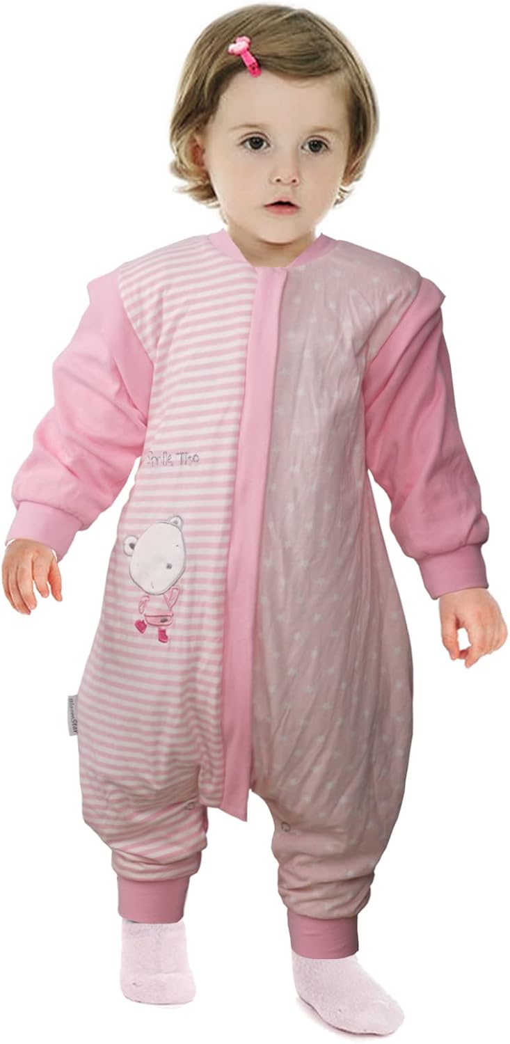 Saco de dormir para niños pequeños con pies, grande (3-7T) de algodón de 1.5 tog de manga larga, saco de dormir para bebé con piernas para caminar,