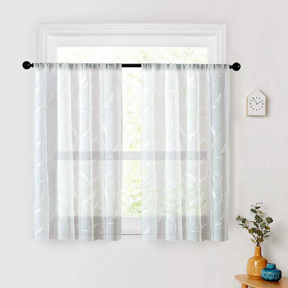 MRTREES Cortinas de cocina de 36 pulgadas con bordado de hojas blancas, cortinas cortas de Navidad para ventanas, 2 paneles con bolsillo para barra,