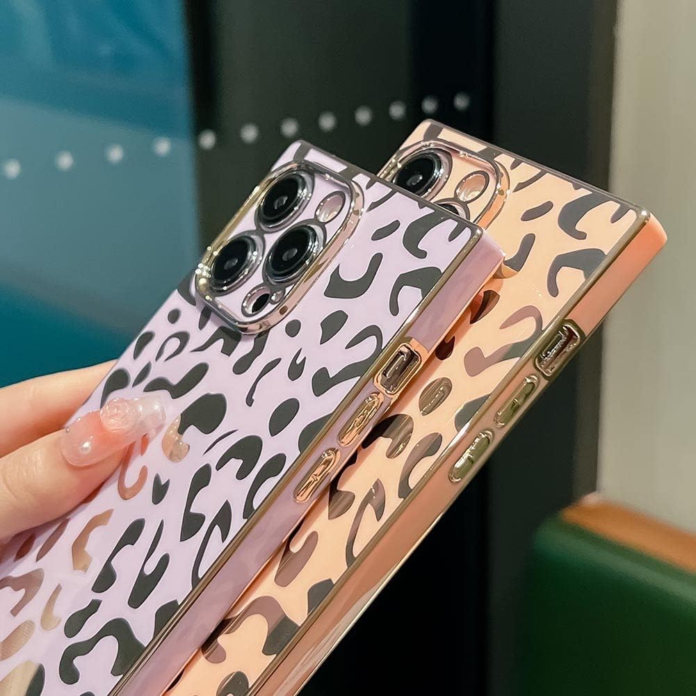 KERZZIL Elegante funda compatible con iPhone 14 Pro Max con borde cuadrado, bonito diseño de leopardo de lujo, protector de cámara, TPU suave, a