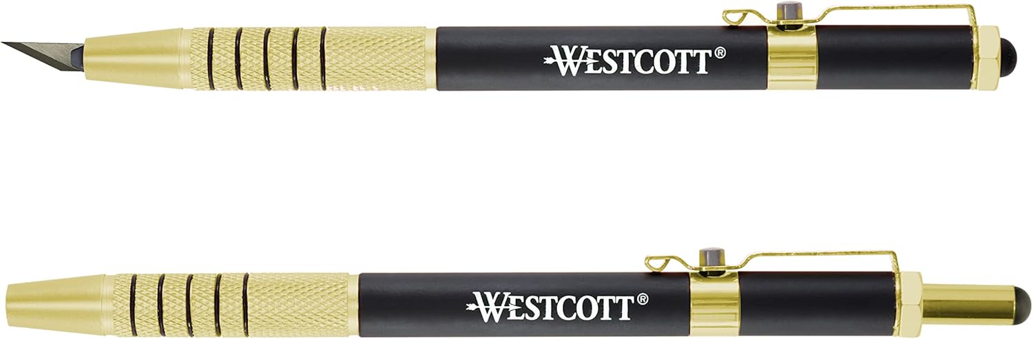 Westcott 17314 Cuchillo retráctil estilo bolígrafo CarboTitanium Bonded, color dorado