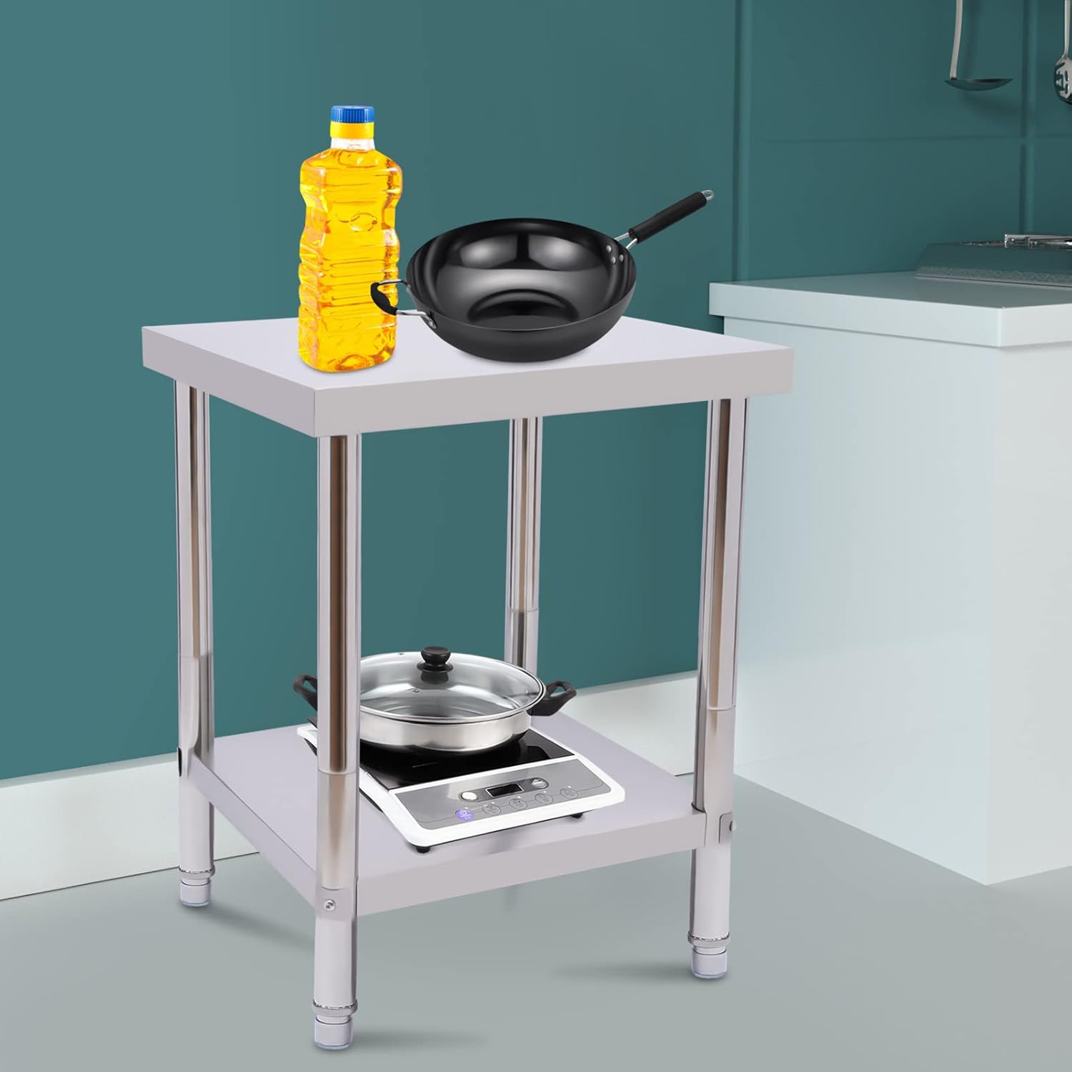 Mesa de acero inoxidable para preparación y trabajo, mesa de trabajo de preparación de alimentos comercial resistente con estante inferior, para