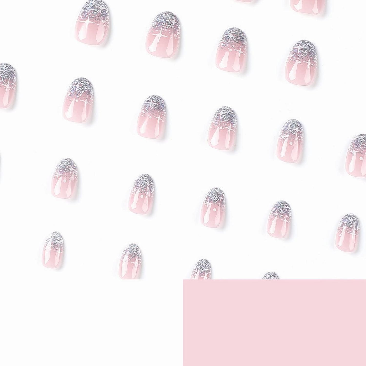 MISUD Uñas postizas cortas redondas a presión, ovaladas, con pegamento brillante, uñas acrílicas brillantes con purpurina, uñas artificiales con