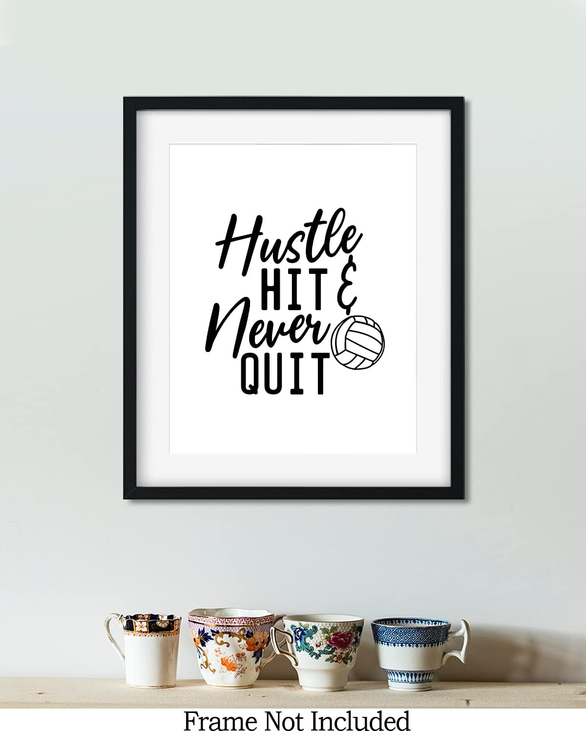Hustle Hit & Never Quit – Arte de pared con cita motivacional de voleibol con un fondo blanco, obra de arte sin marco impresa en papel fotográfico
