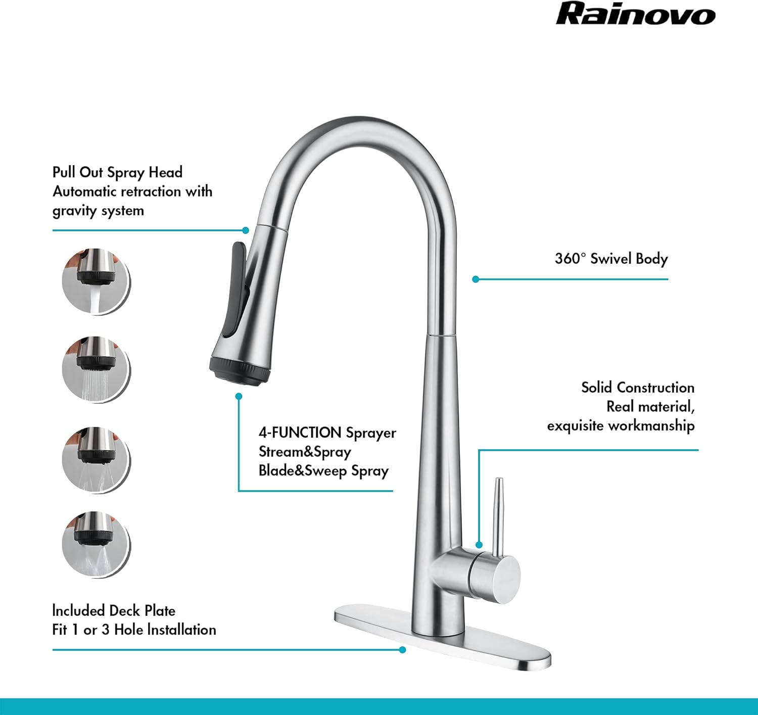 Grifo de cocina con rociador desplegable grifo de fregadero de cocina de arco alto, grifo de fregadero de una sola manija, grifos comerciales