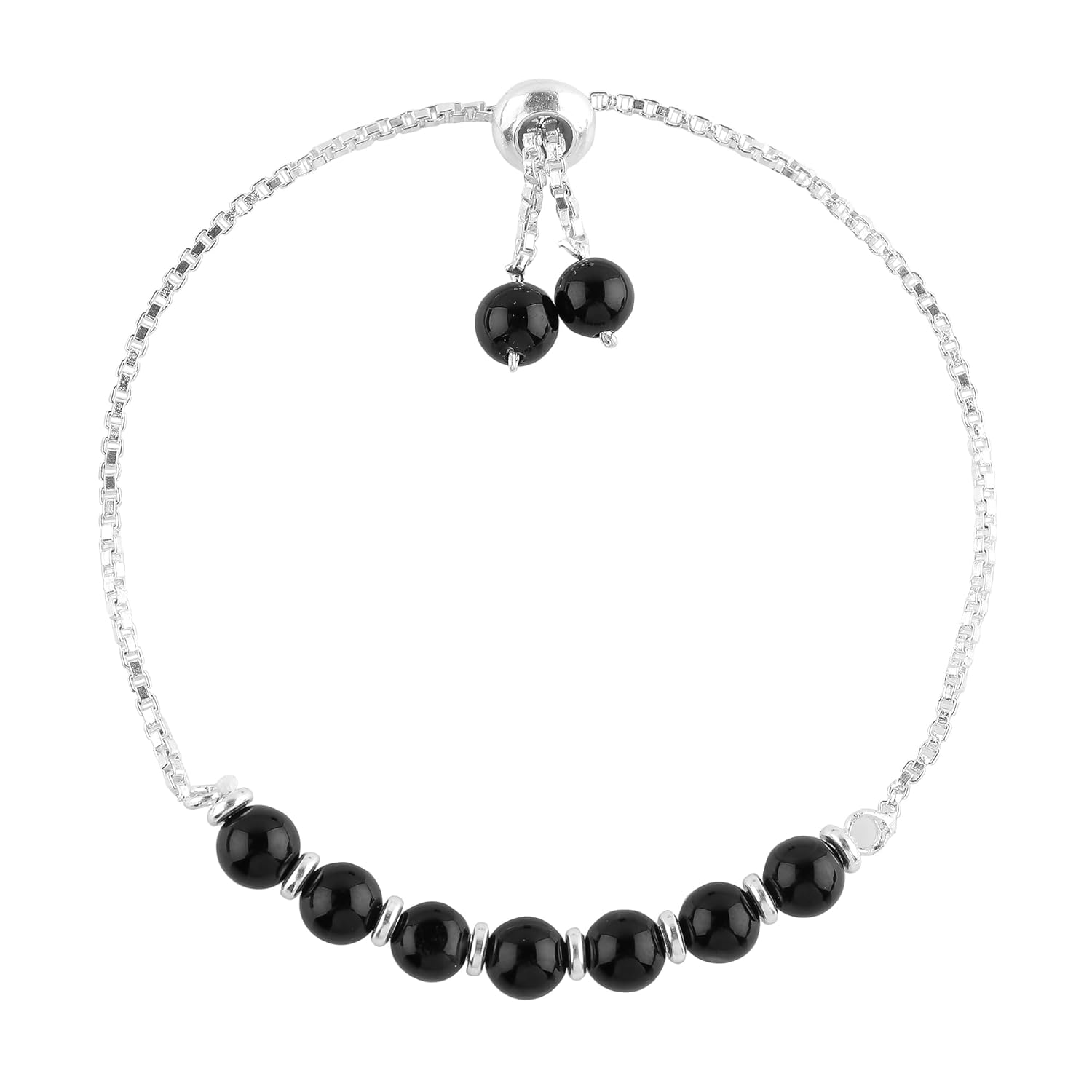 Natural Black Onyx Gemstone Round Beads Bolo Bracelet, Chakra Healing Crystals, Silver Plated, Adjustable Slider, Gift for Women, Birthday, Wedding,