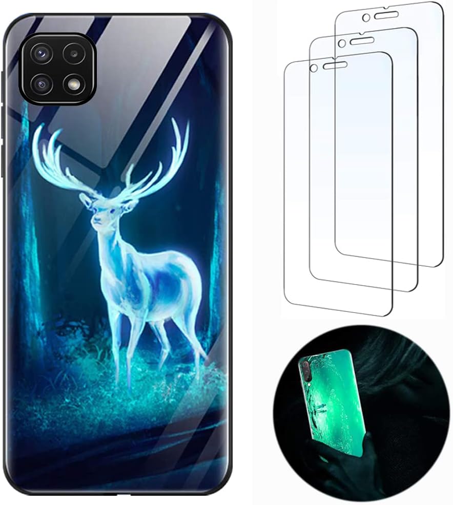 3 protectores de pantalla Samsung Galaxy A22 5G Funda de silicona luminosa nocturna 9H cubierta de vidrio templado suave delgada TPU parachoques
