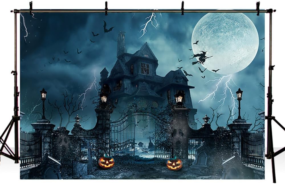 Telón de fondo de Halloween de 7 x 5 pies para fotografía, noche de Halloween, puerta de hierro, castillo de bruja, casas encantadas, luna,