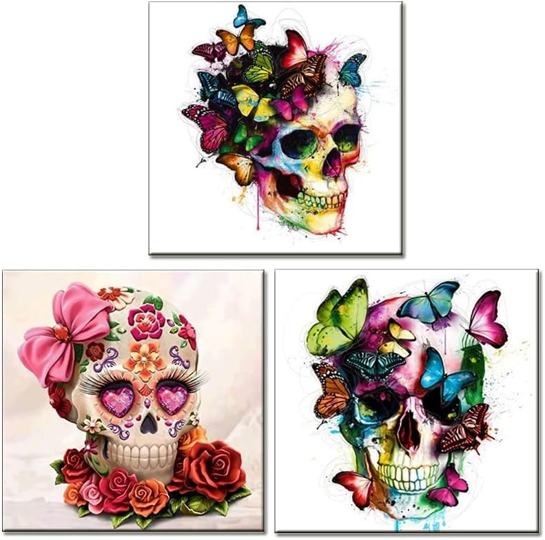 Kits de pintura de diamantes de Halloween para adultos, paquete de 3 kits de arte de diamantes 5D de calavera, arte de gemas de taladro redondo