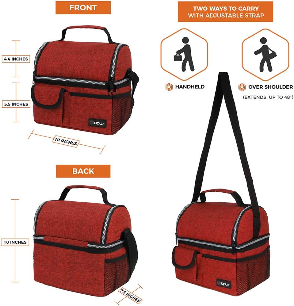 Opux – Bolsa de almuerzo aislada de doble compartimento para hombres y mujeres  Bolsa de almuerzo reutilizable con correa para el hombro, forro