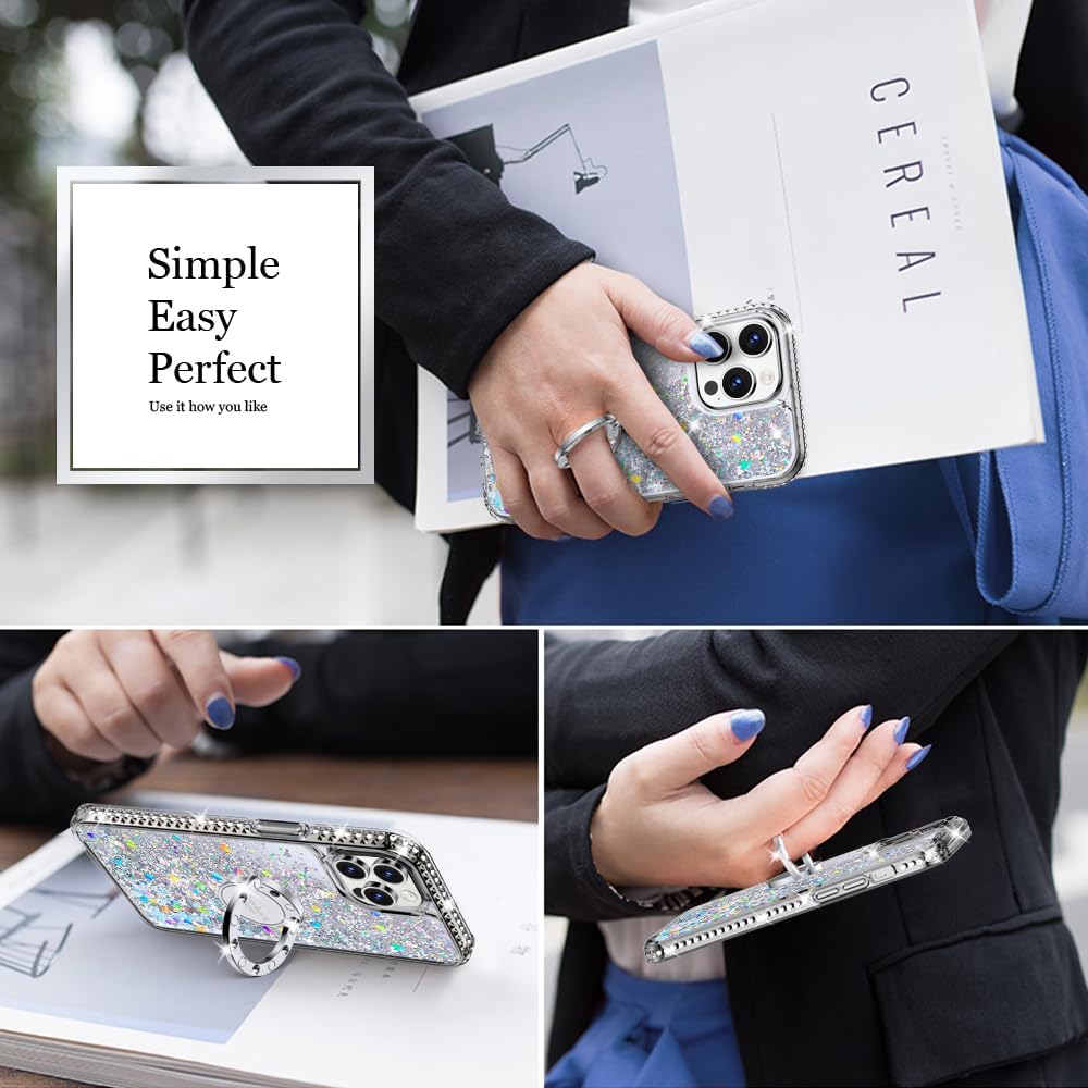 Silverback Funda para iPhone 15 Pro Max, funda con purpurina holográfica líquida en movimiento con soporte, para niñas y mujeres, funda protectora