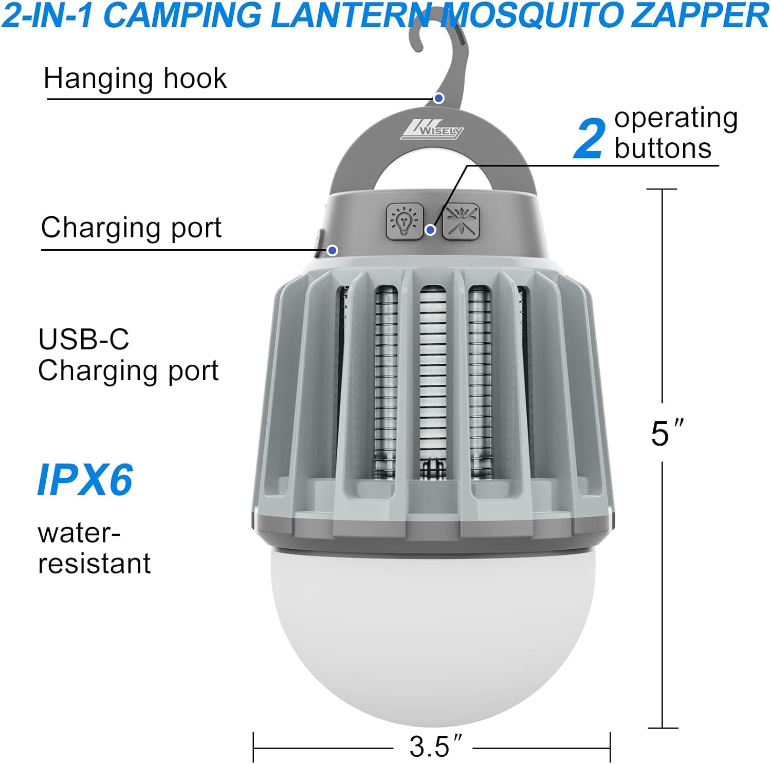 Wisely Bug Zapper eléctrico para exteriores e interiores, lámpara recargable USB-C para matar mosquitos, trampa electrónica portátil para
