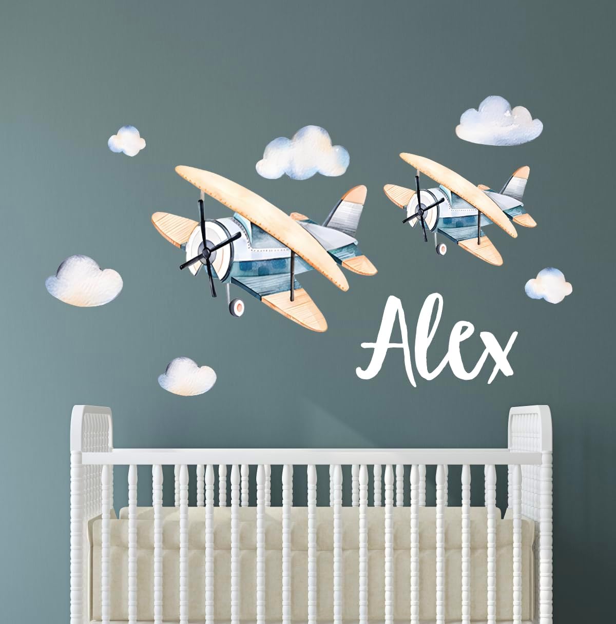 Calcomanías de pared personalizadas con nombre de avión vintage para niños, calcomanías de pared de acuarela de aviones con nubes, calcomanías de