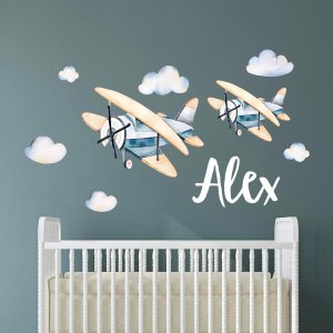 Calcomanías de pared personalizadas con nombre de avión vintage para niños, calcomanías de pared de acuarela de aviones con nubes, calcomanías de Calcomanías de pared personalizadas con nombre de avión vintage para niños, calcomanías de pared de acuarela de aviones con nubes, calcomanías de