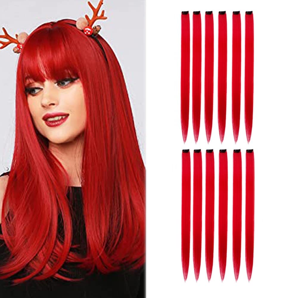Extensiones de cabello lacio de 22 pulgadas, 12 piezas de extensiones de cabello sintético con clip para mujeres, niños y niñas, color rojo
