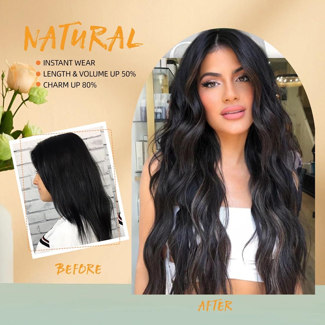 Extensión de cabello de alambre invisible con diadema de alambre transparente, tamaño ajustable, 4 clips de seguridad de 24 pulgadas de largo,