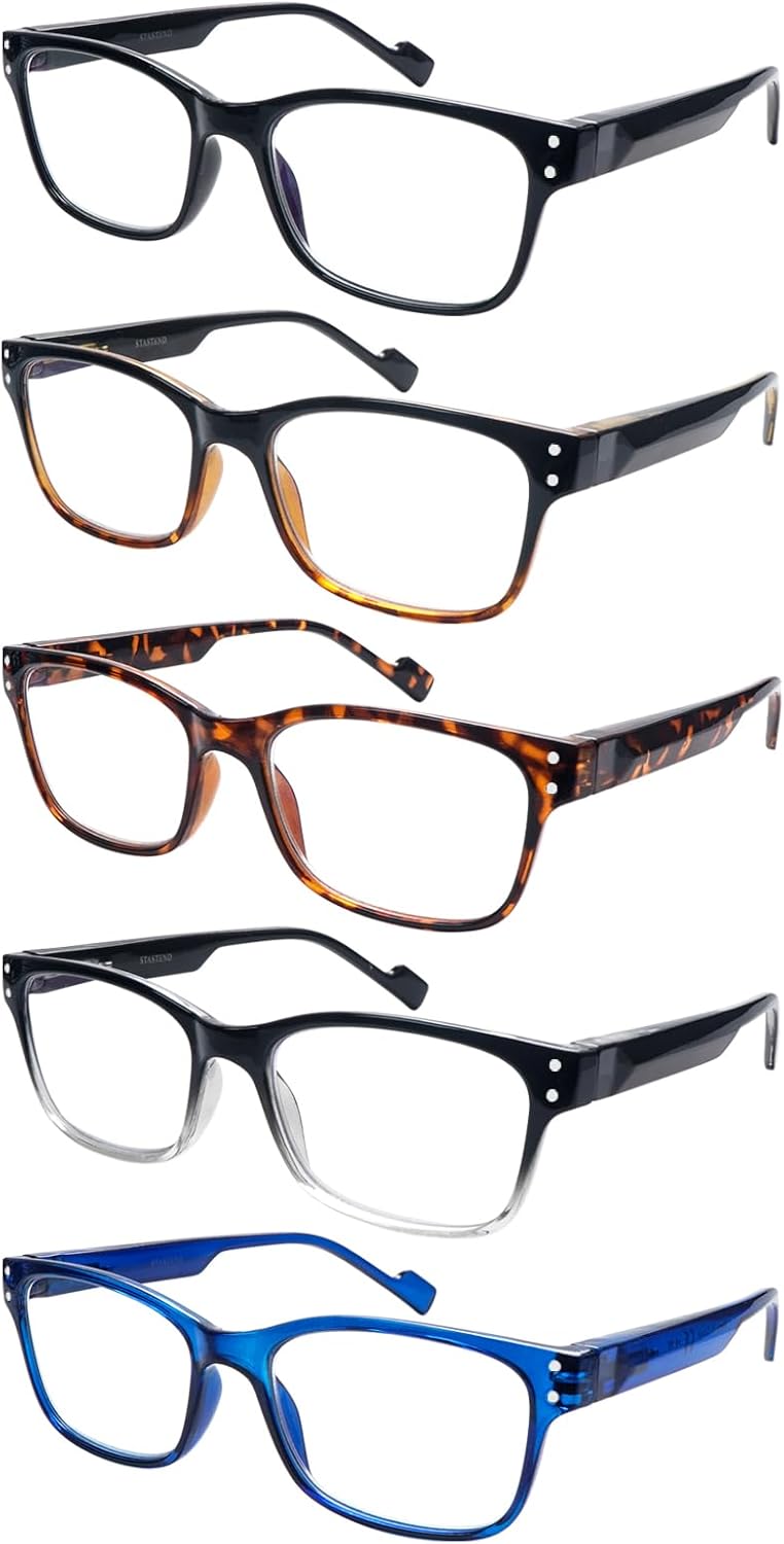 Paquete de 5 lentes de lectura de moda con bloqueo de luz azul para hombres y mujeres, filtro antirreflejos, lentes con bisagra de resorte