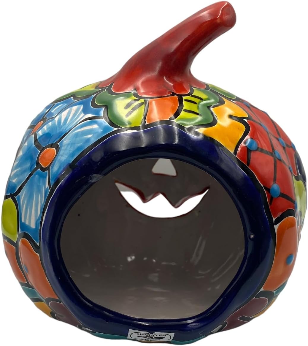 Talavera Calabaza Calabaza Halloween decoración del hogar, pintada a mano, multicolor, arte popular para exteriores e interiores, 6.75 pulgadas