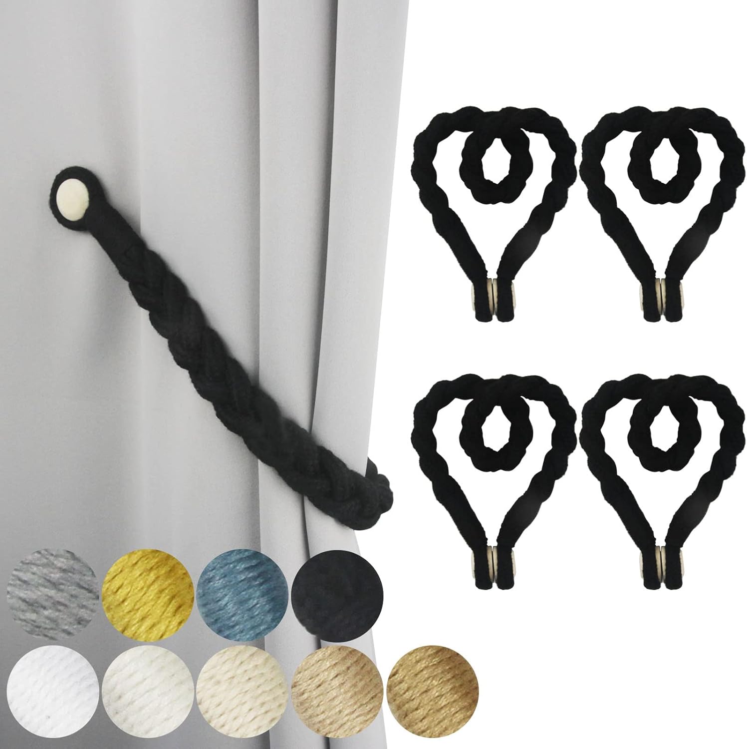 Paquete de 4 alzapaños magnéticos negros suaves para cortinas, de algodón, tejido a mano, con hebilla de madera, para decoración del hogar y la