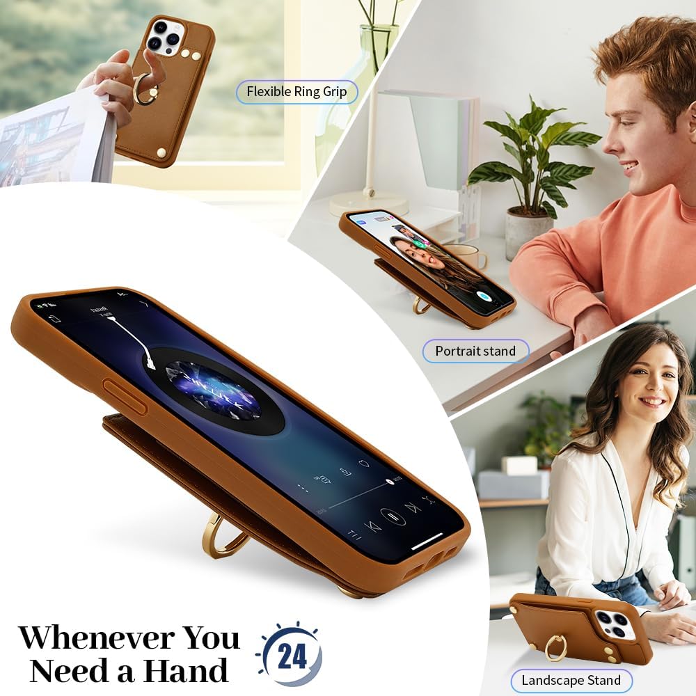LAMEEKU Funda tipo cartera para iPhone 15 Pro con soporte para tarjetas, funda de piel sintética con ranuras para tarjetas, soporte de anillo de
