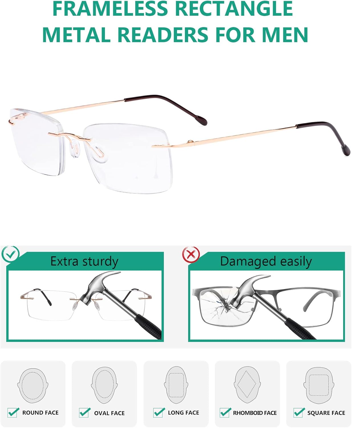 Eyekepper Gafas de lectura sin marco para hombre, lector rectangular sin montura – dorado +1.75