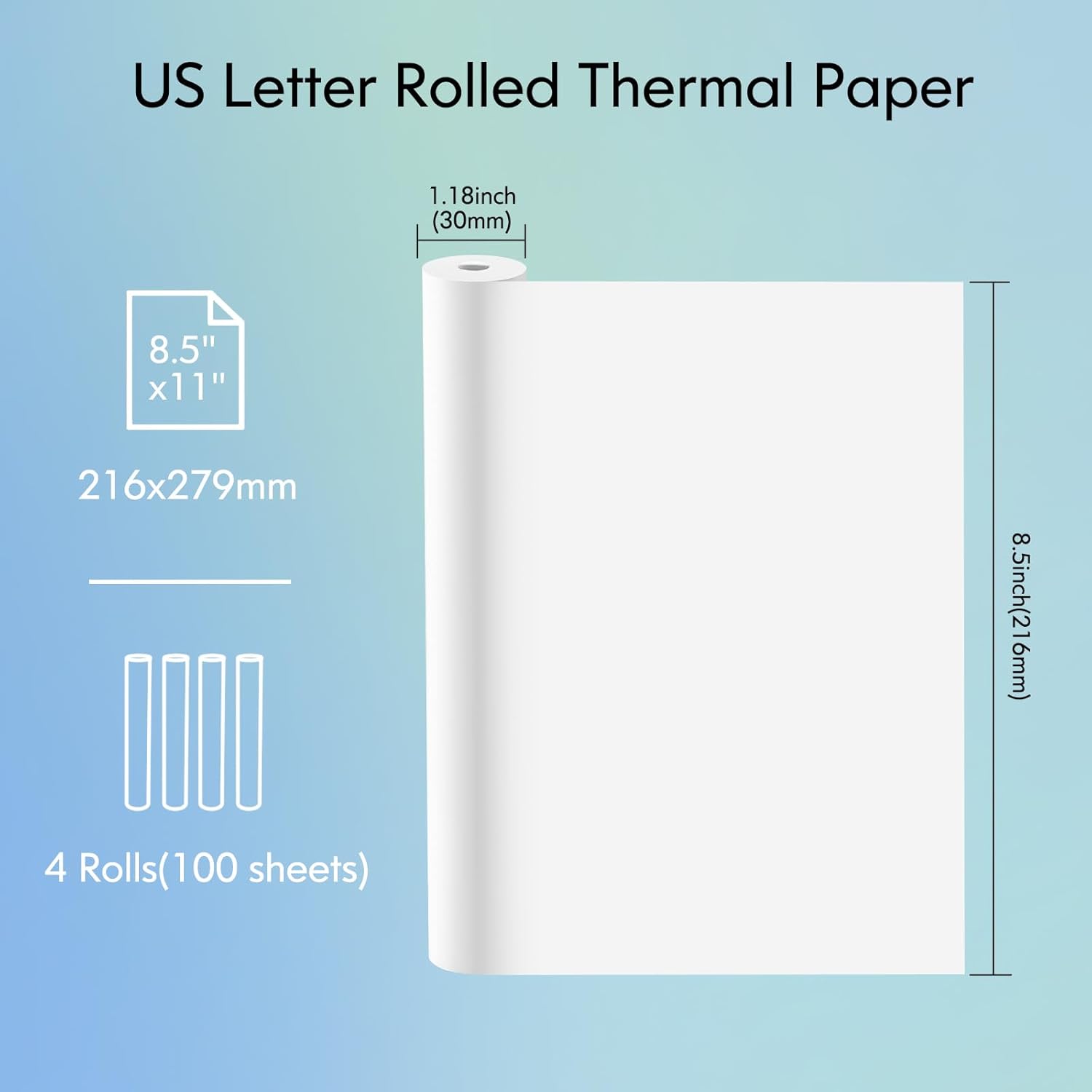 JADENS Papel de impresora térmica de secado rápido tamaño carta de 8.5 x 11 pulgadas, 4 rollos, papel térmico multiusos para impresora térmica