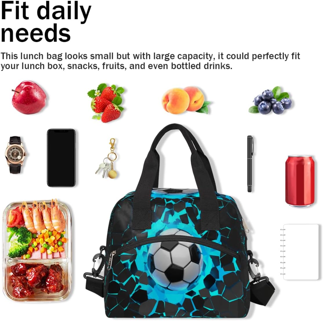 Lonchera de fútbol con impresión 3D, bolsa aisladaenfriadora para mujeres, hombres, niñas, niños, deportes, fútbol, bolsa de almuerzo con correa