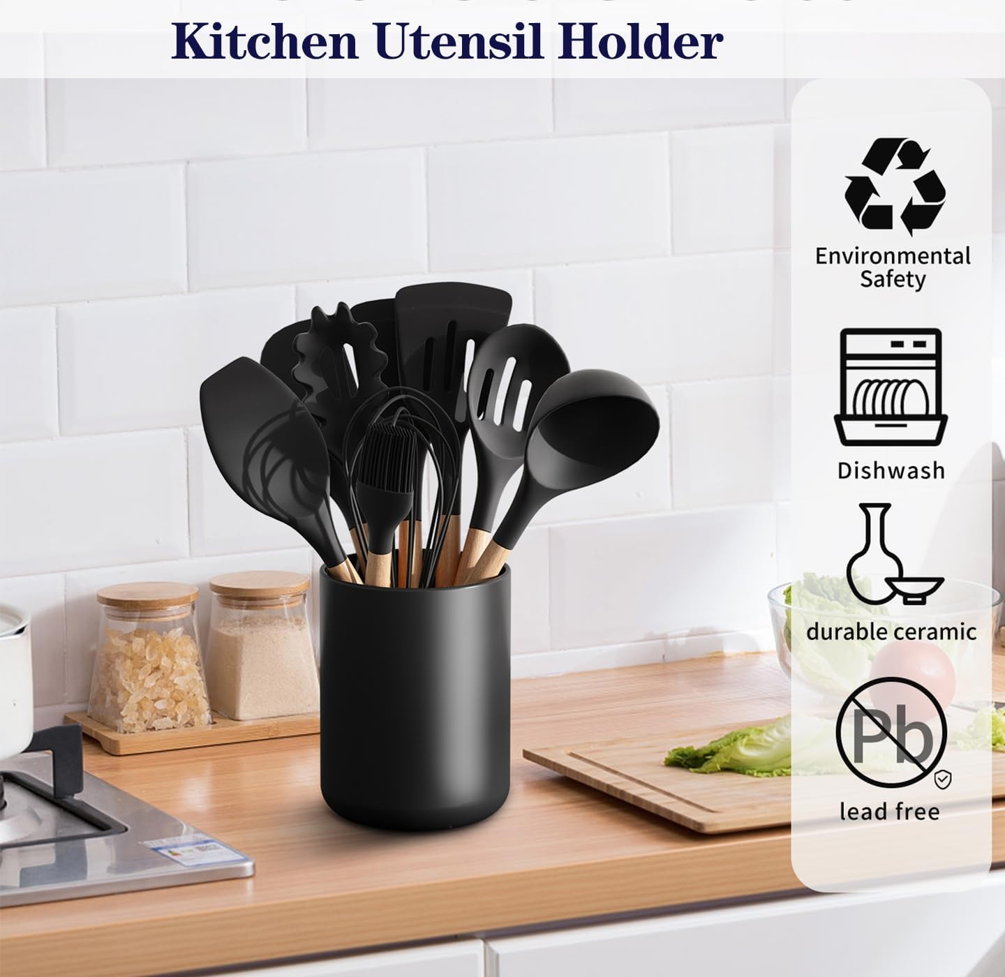 Soporte negro para encimera de cocina, grande de 7.2 pulgadas de cerámica mate para encimera, fácil de limpiar, soporte para espátula de utensilios