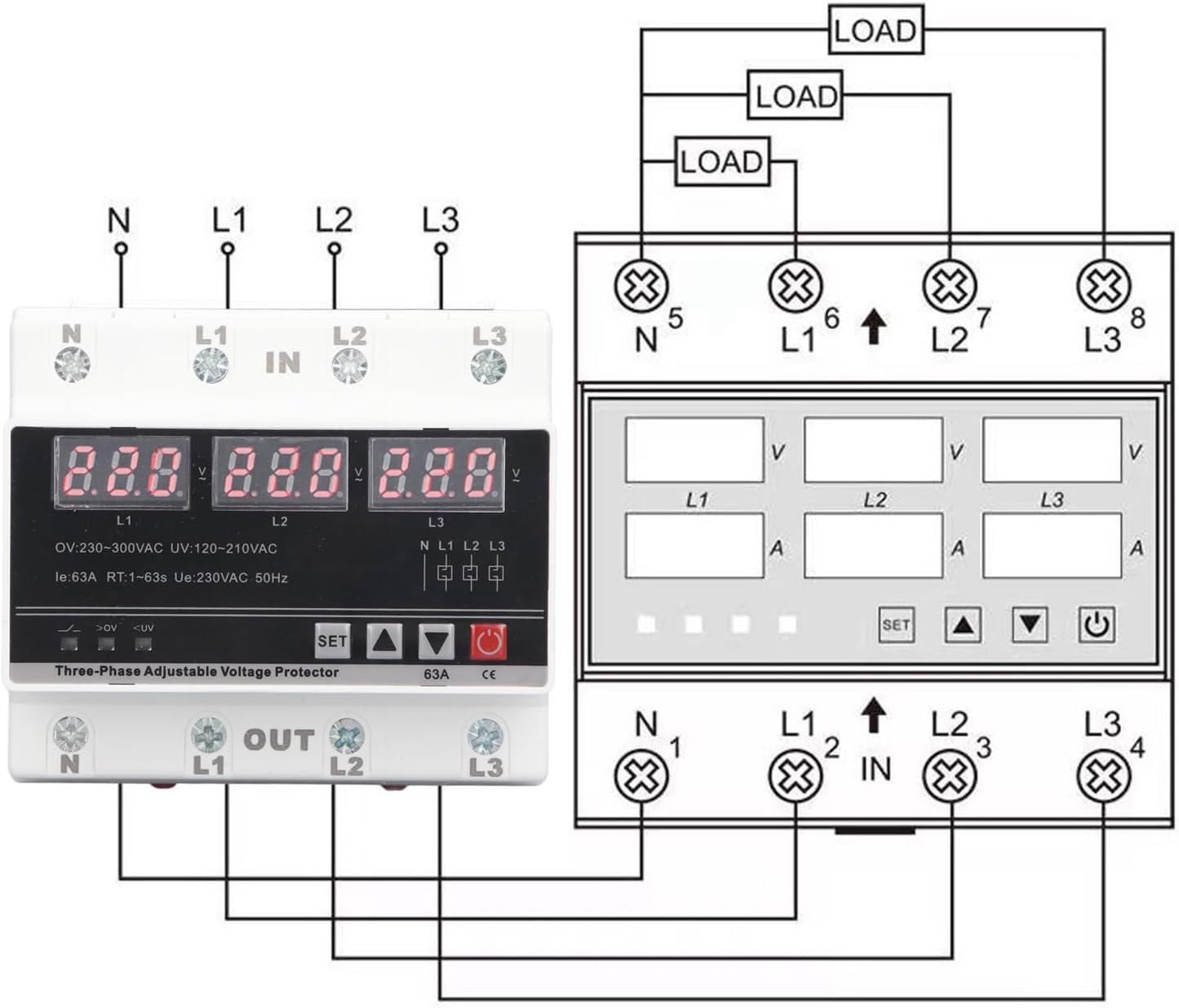 Protector de corriente CA AC120V a 300V 63A Protectores ajustables trifásicos sobre bajo voltaje Dispositivo de protección de corriente DIN Montaje