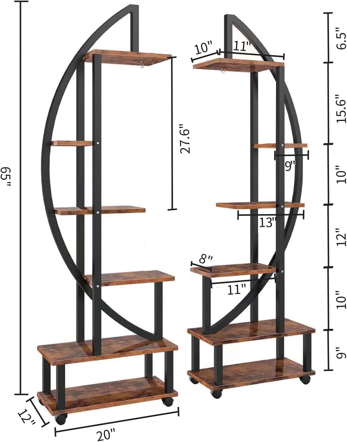 homegroove 2 soportes de metal de 6 niveles altos para plantas de interior con luz de crecimiento, estante grande en forma de media luna y ruedas