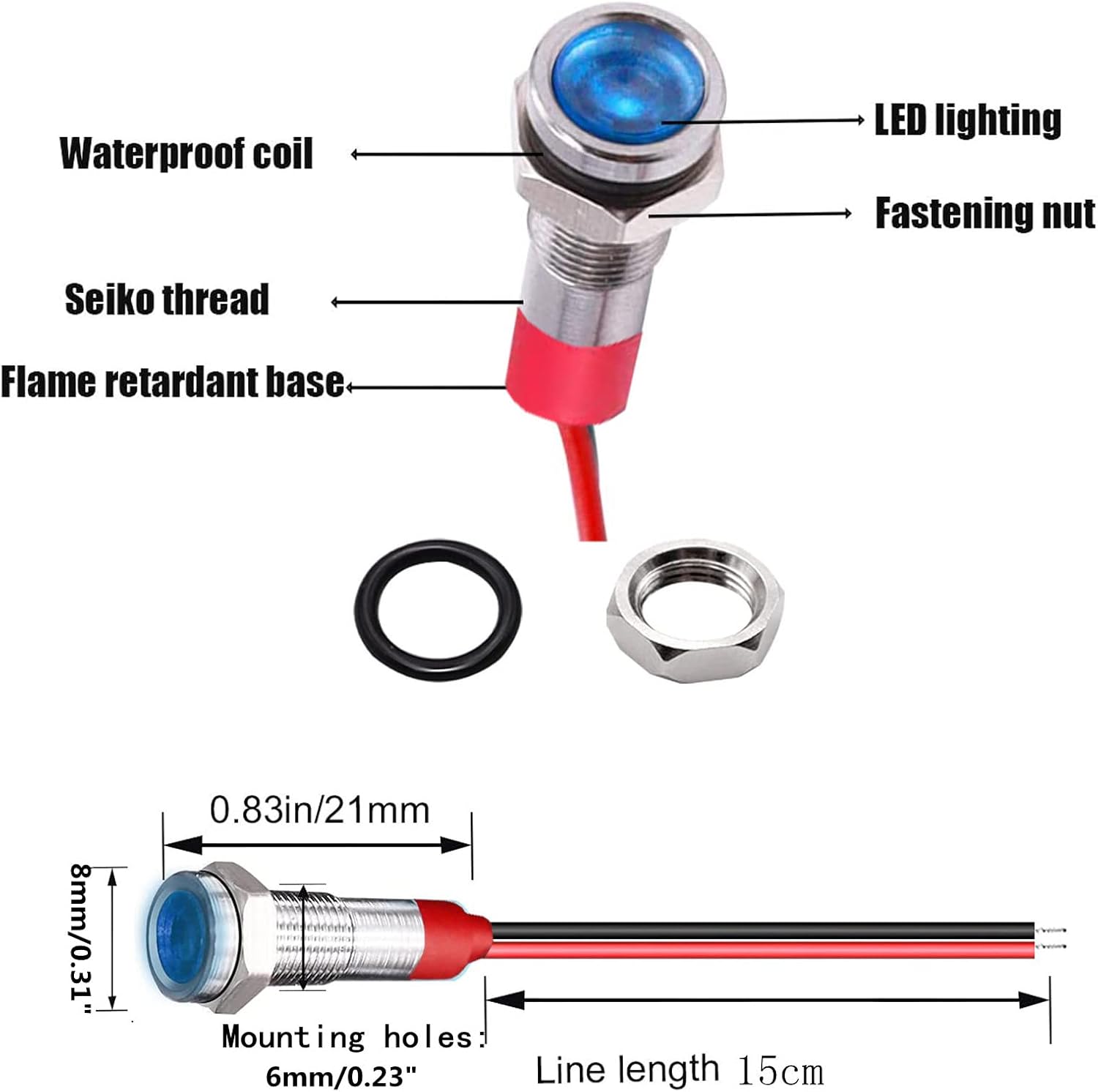 JAIZAIWJ Luz indicadora LED de 0.236 in 14 “12 V24 V DC impermeable azul plana metal indicador señal con cable de 5.906 in luz indicadora LED