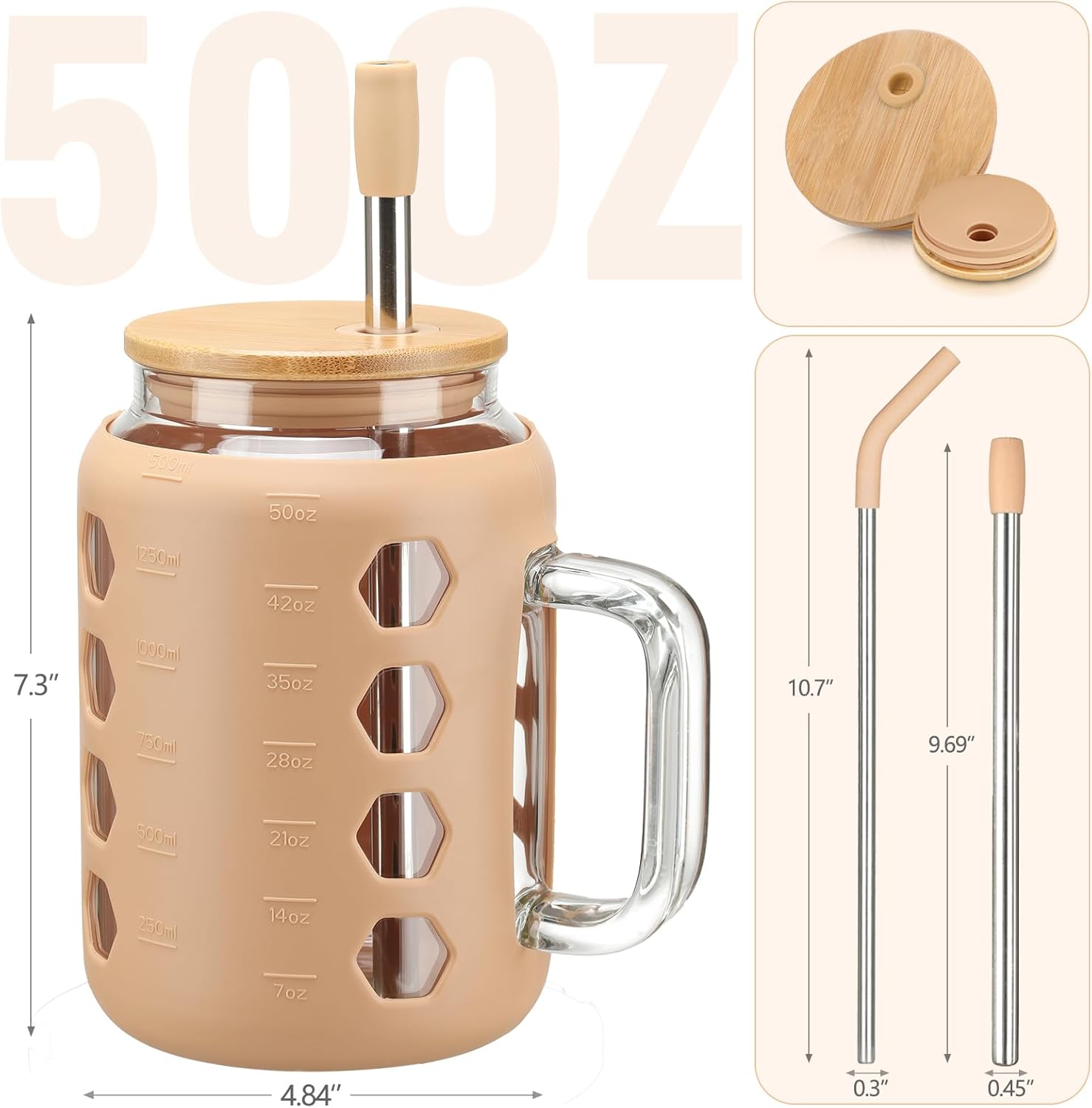 MUKOKO Vaso de vidrio con tapa de bambú y pajita, botellas de agua de vidrio de 50 onzas con marcador de tiempo, taza de café helado con asa, taza