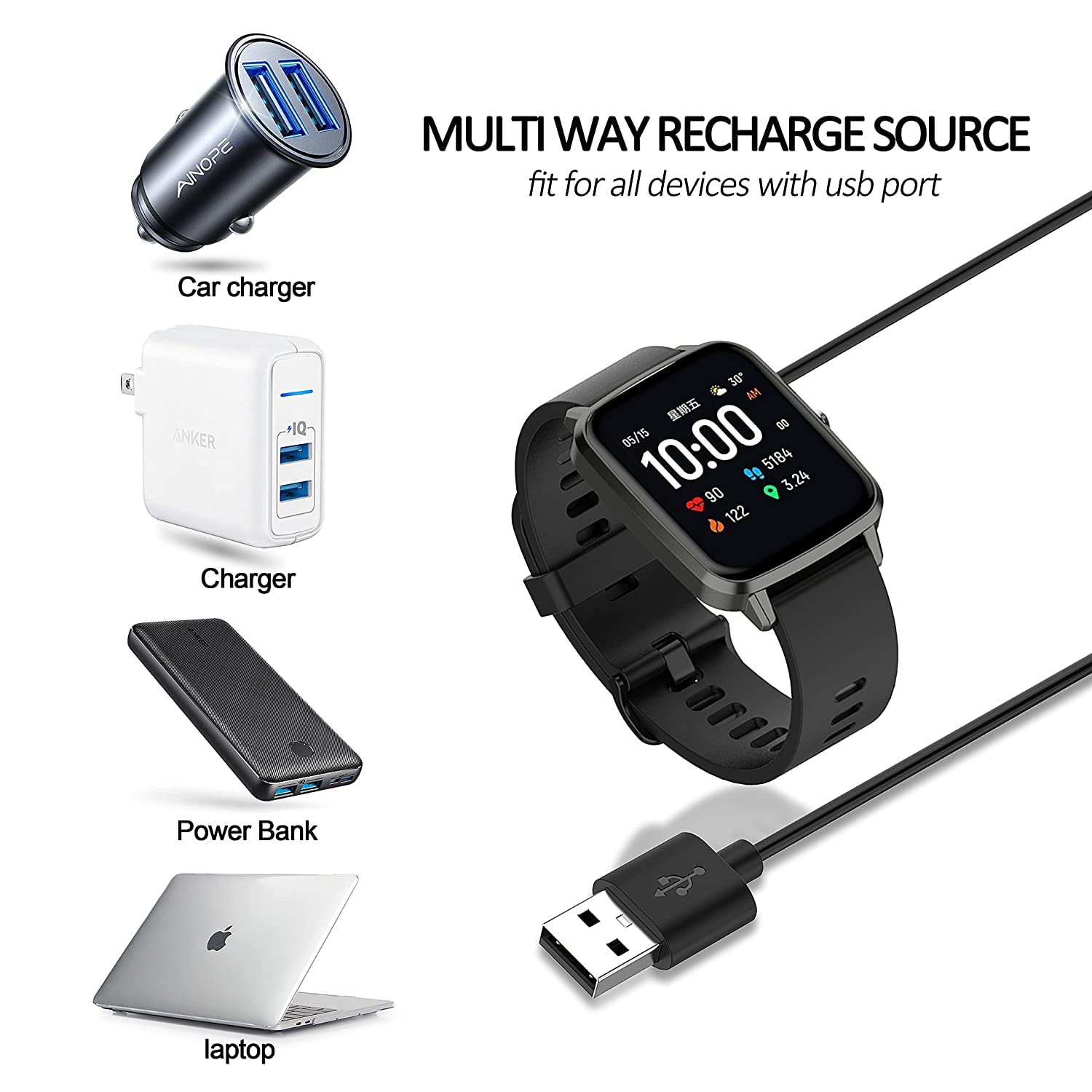 E ECSEM Cargador de repuesto para reloj inteligente ANDFZ T42, cable de carga magnético de 23.6 in, color negro, paquete de 2