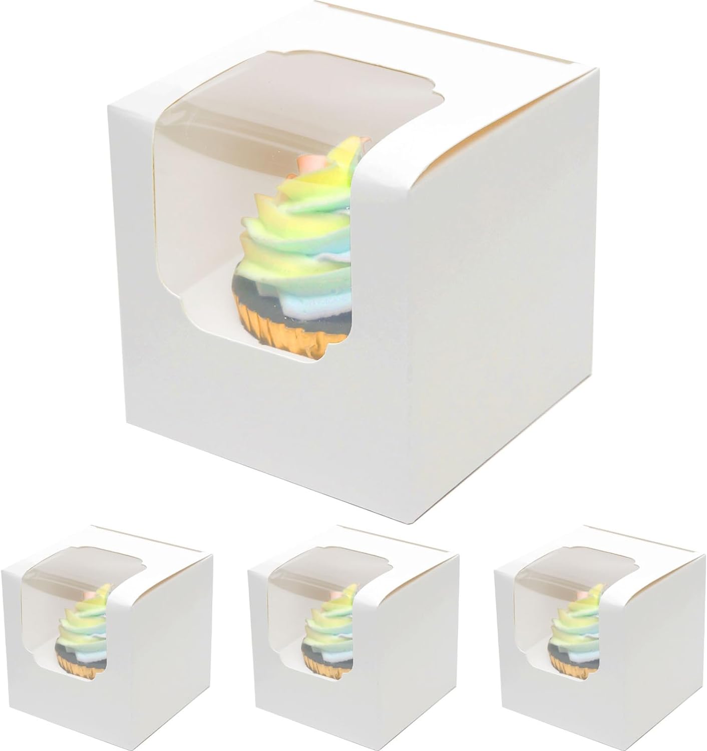 qiqee Paquete de 60 cajas para magdalenas autoemergentes individuales para cupcakes, color blanco, 3.5 x 3.5 x 3.5 pulgadas, cajas individuales para