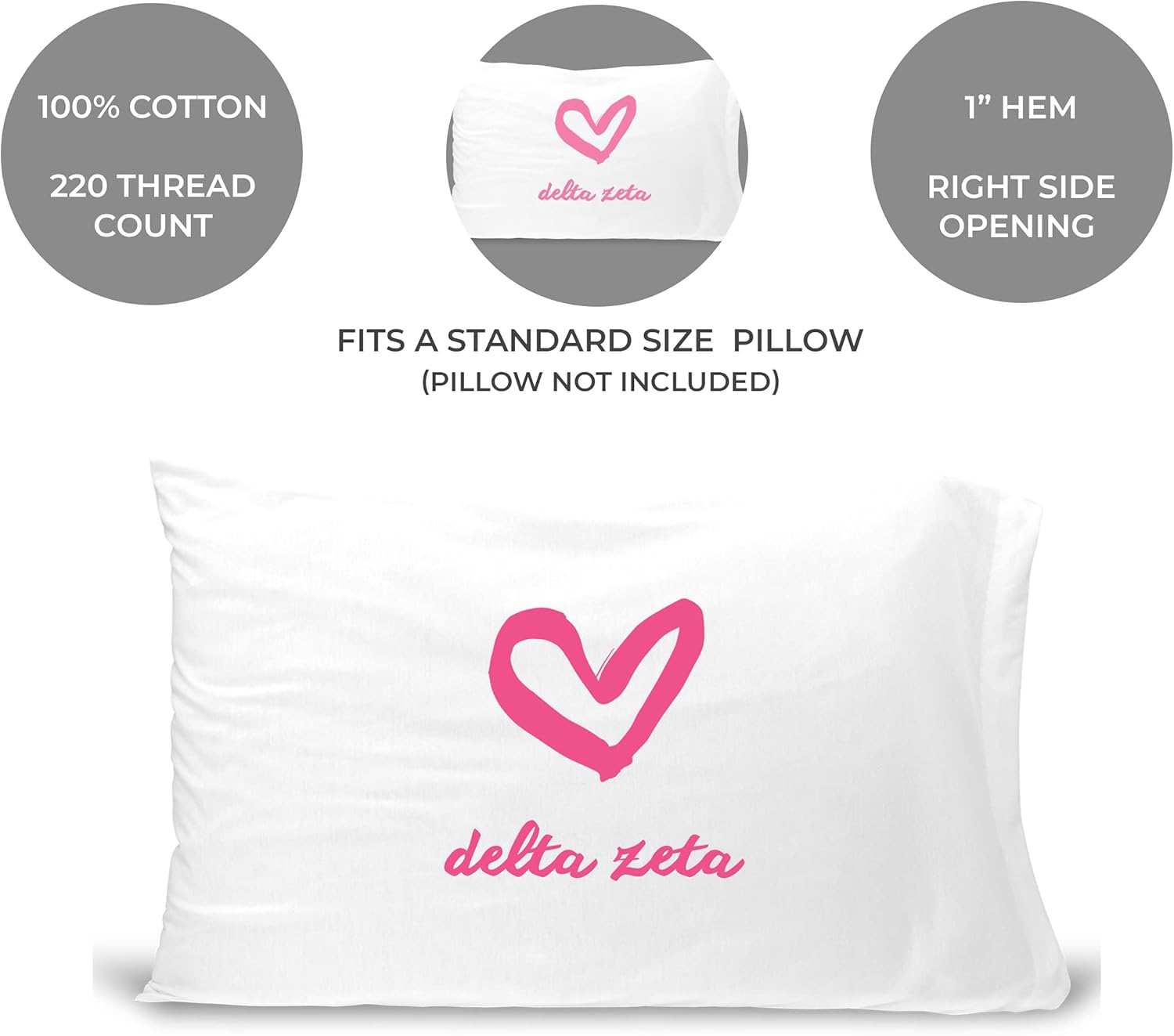 sockprints Funda de almohada Delta Zeta, nombre de hermandad con diseño de corazón. Funda de almohada 100% algodón tamaño estándar 20 x 30 pulgadas